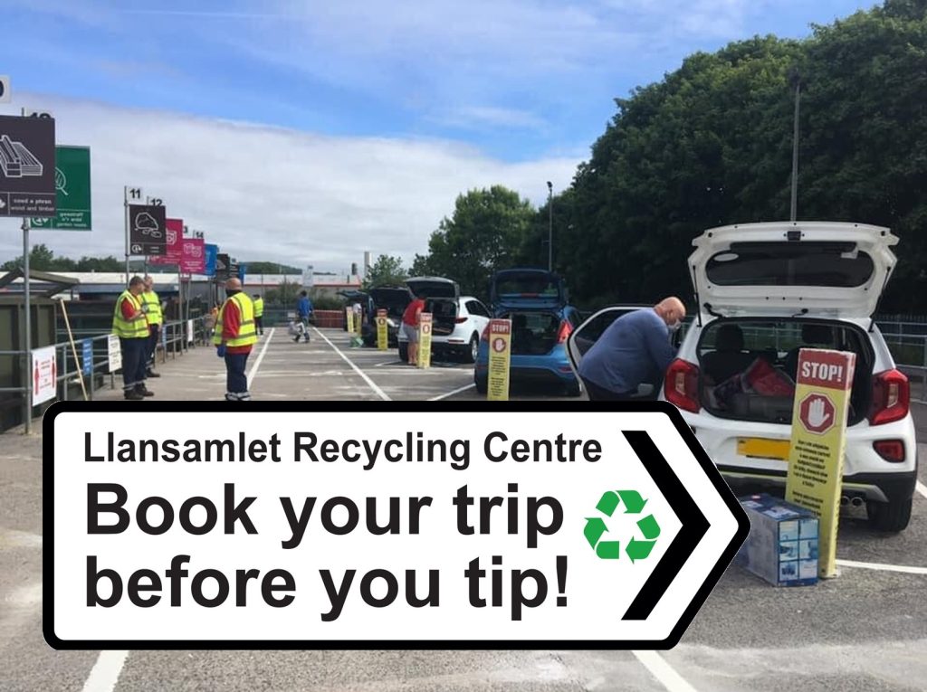 Image of Llansamlet Recycling Centre and sign saying Book your Trip before you tip.