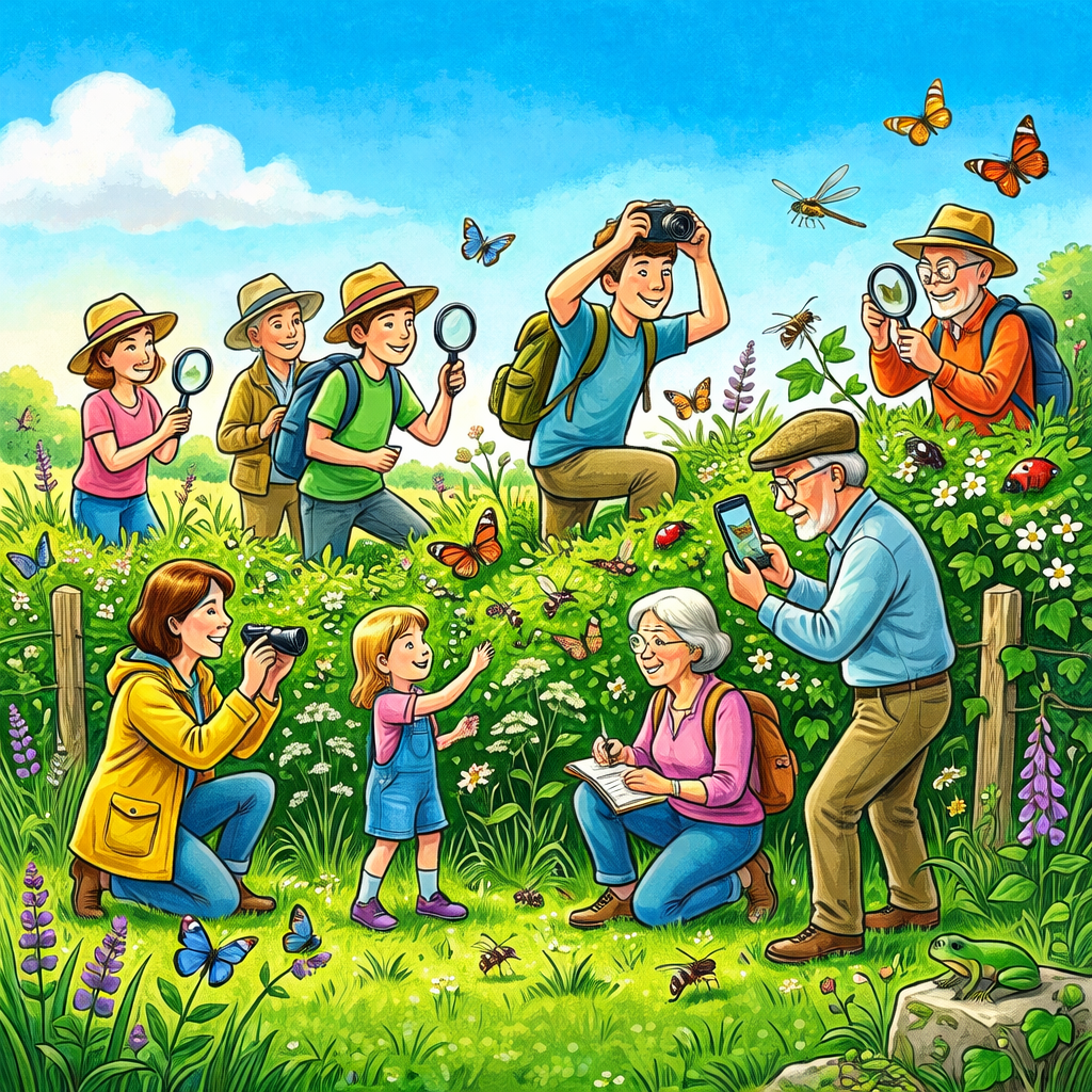 Cartoon image of people around a rural hedgerow, looking at flowers and butterflies to record them on their phones